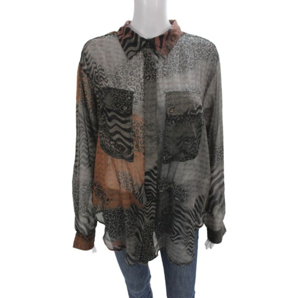 One Teaspoon Women Black Animal Print Collared Long Sleeve Basic Blouse Size M